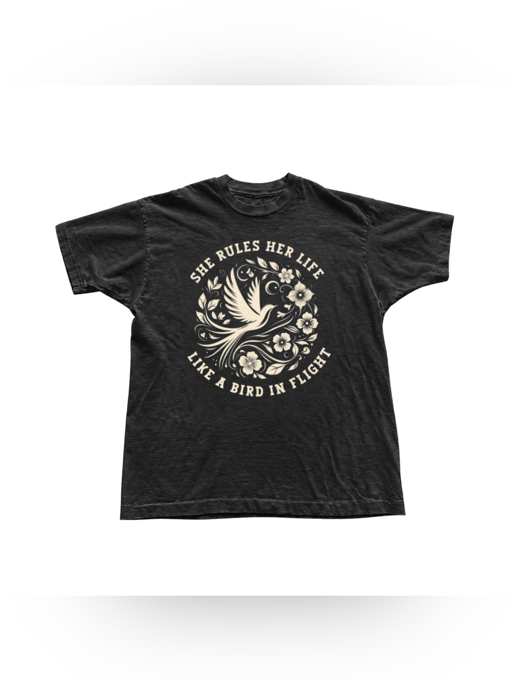 Black Short Sleeve Tee with Cream Bird Graphic